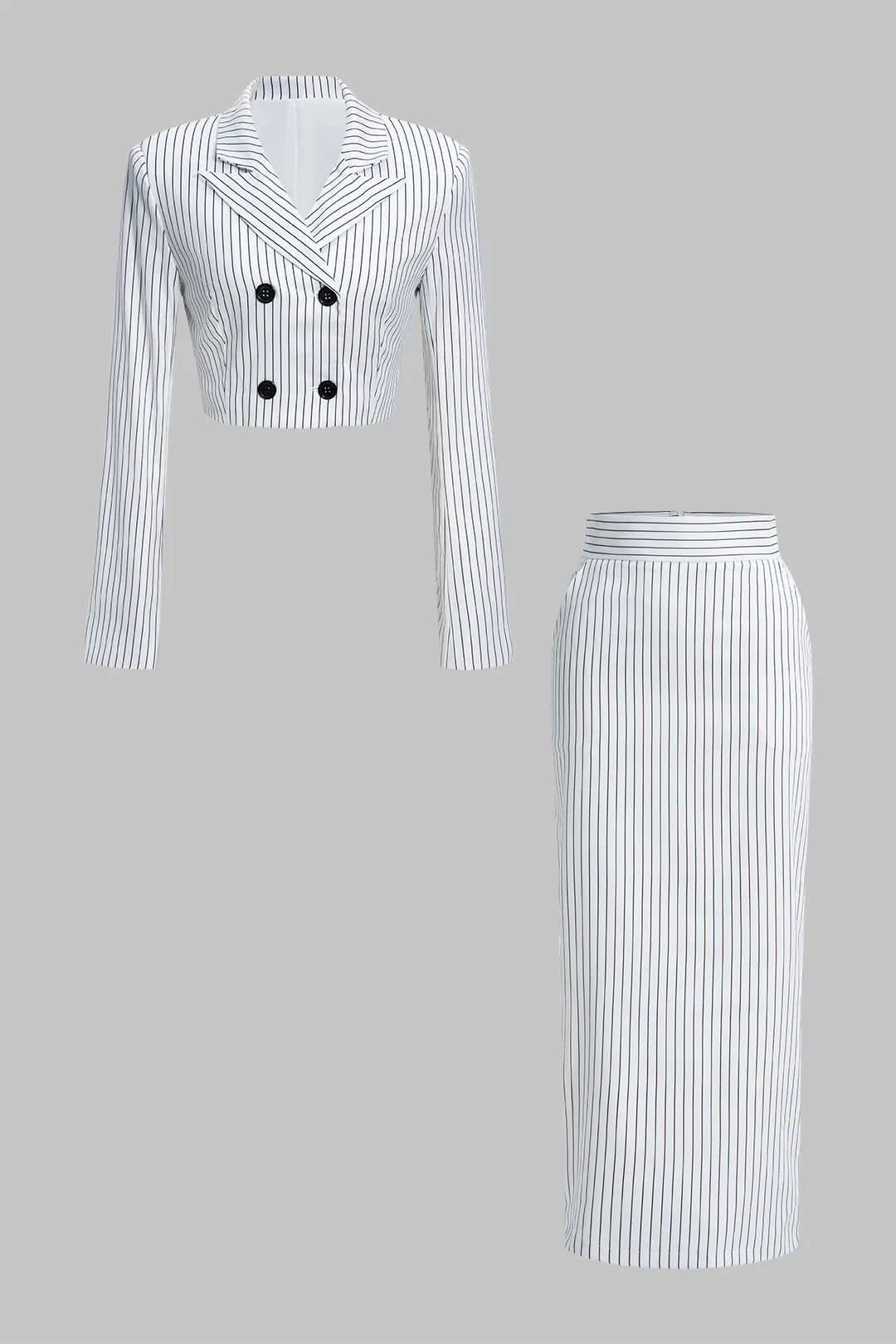 Stripes Print Notched Lapel Long-Sleeve Top And High Waist Skirt Set - Weenar