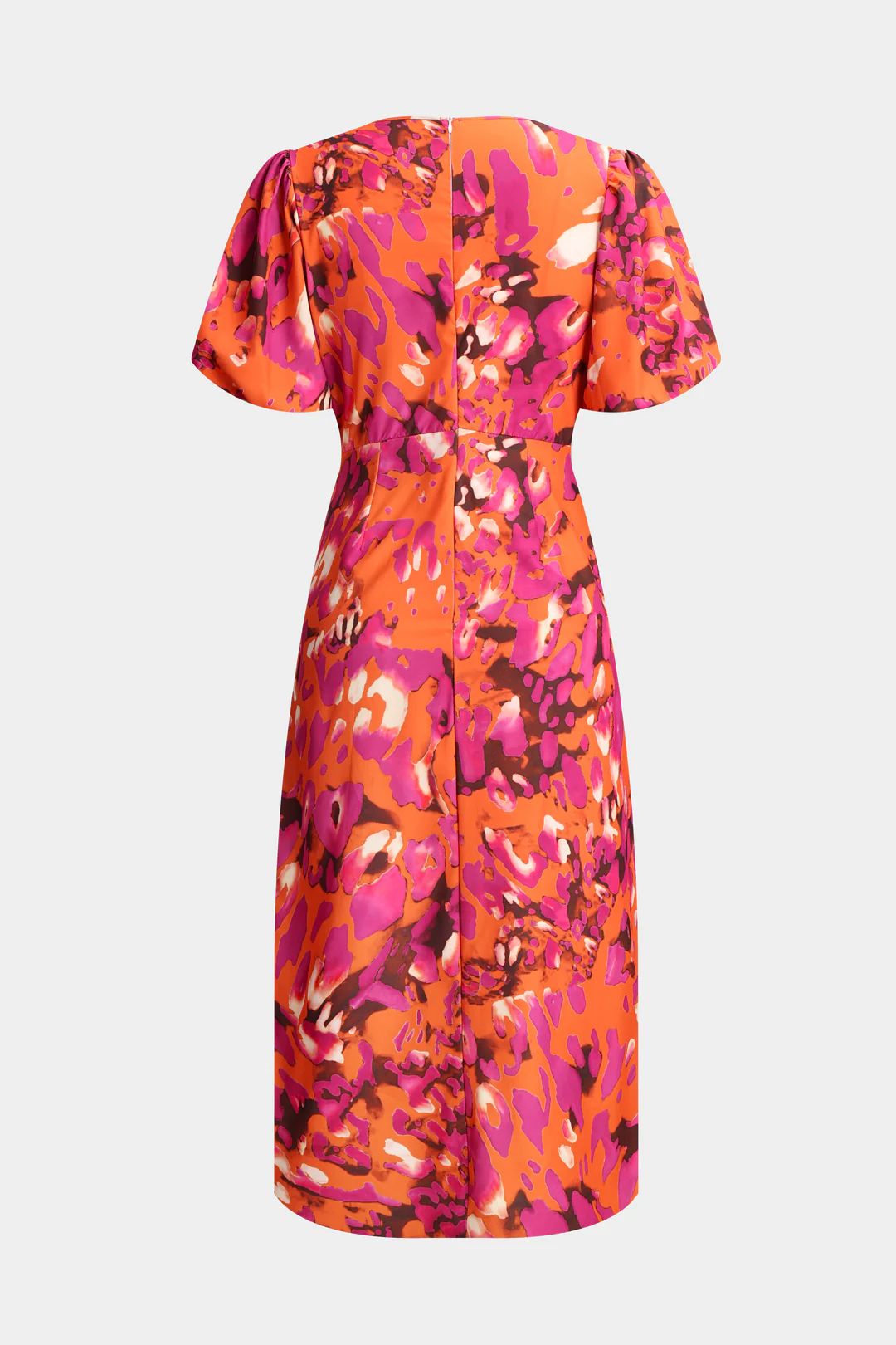 Watercolor Print Pleated V-Neck Puff Short Sleeve Midi Dress - Weenar