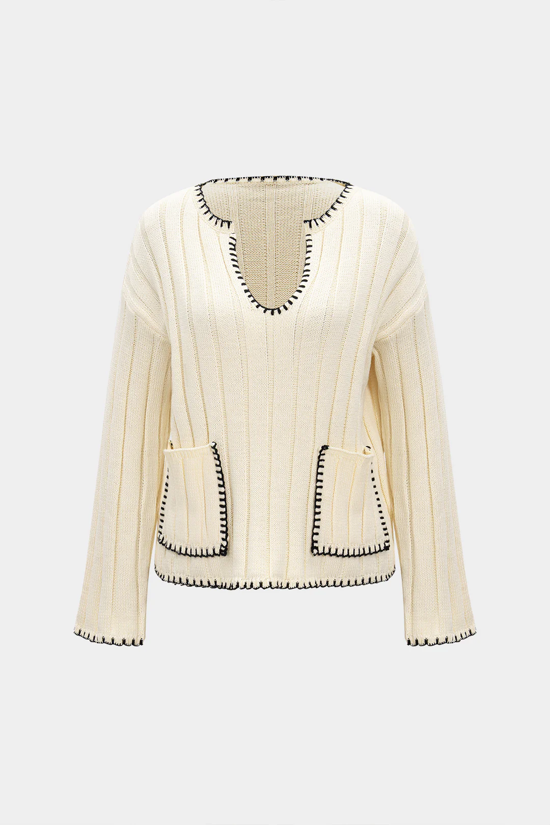 Knit V-Neck Contrast Binding Pocket Long-Sleeve Top - Weenar
