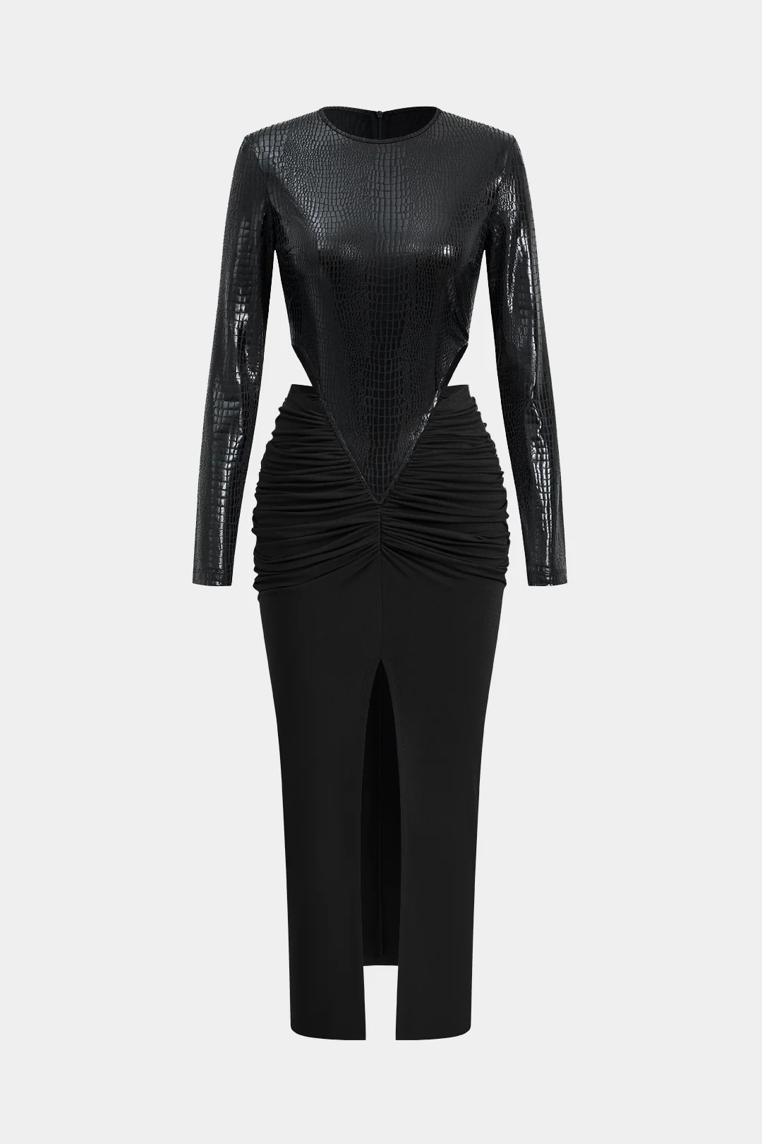 Faux Leather  Patchwork Long Sleeve Maxi Dress - Weenar
