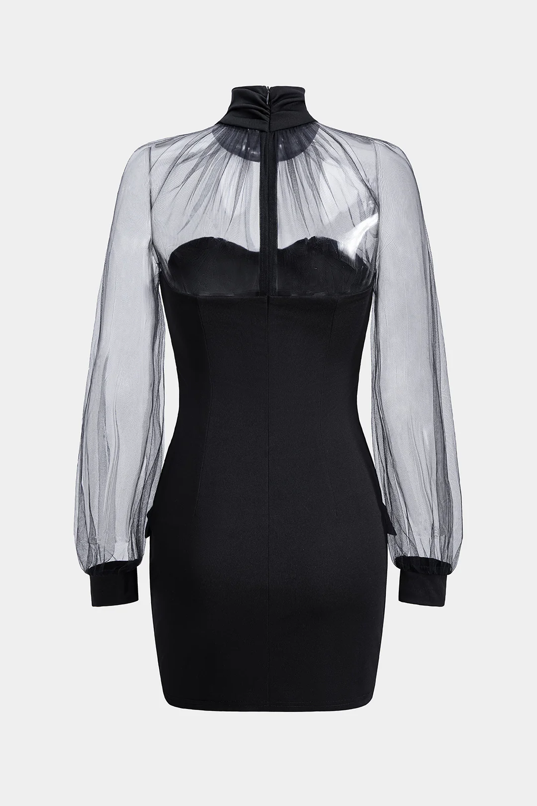 Mesh Patchwork High Neck Long Sleeve Mini Dress - Weenar