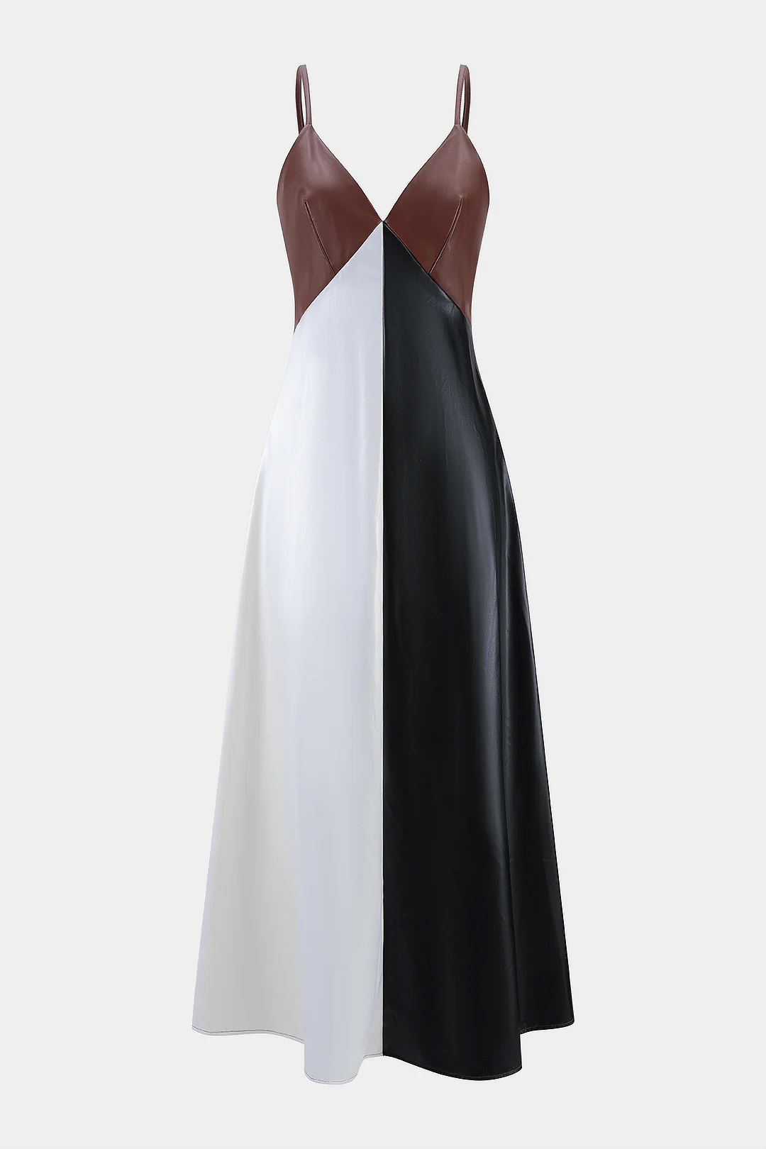 Faux Leather Contrast Slip V-Neck Sleeveless Maxi Dress - Weenar