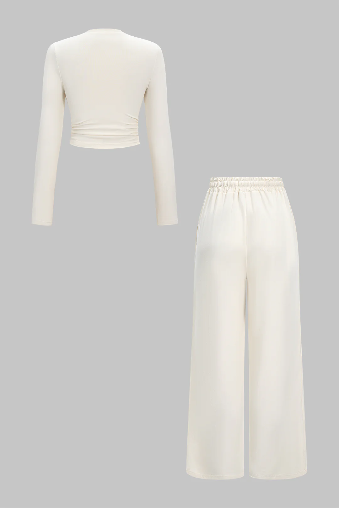 Ruched Long-Sleeve Top And Tie-Up High Waist Wide Leg Trousers Set - Weenar