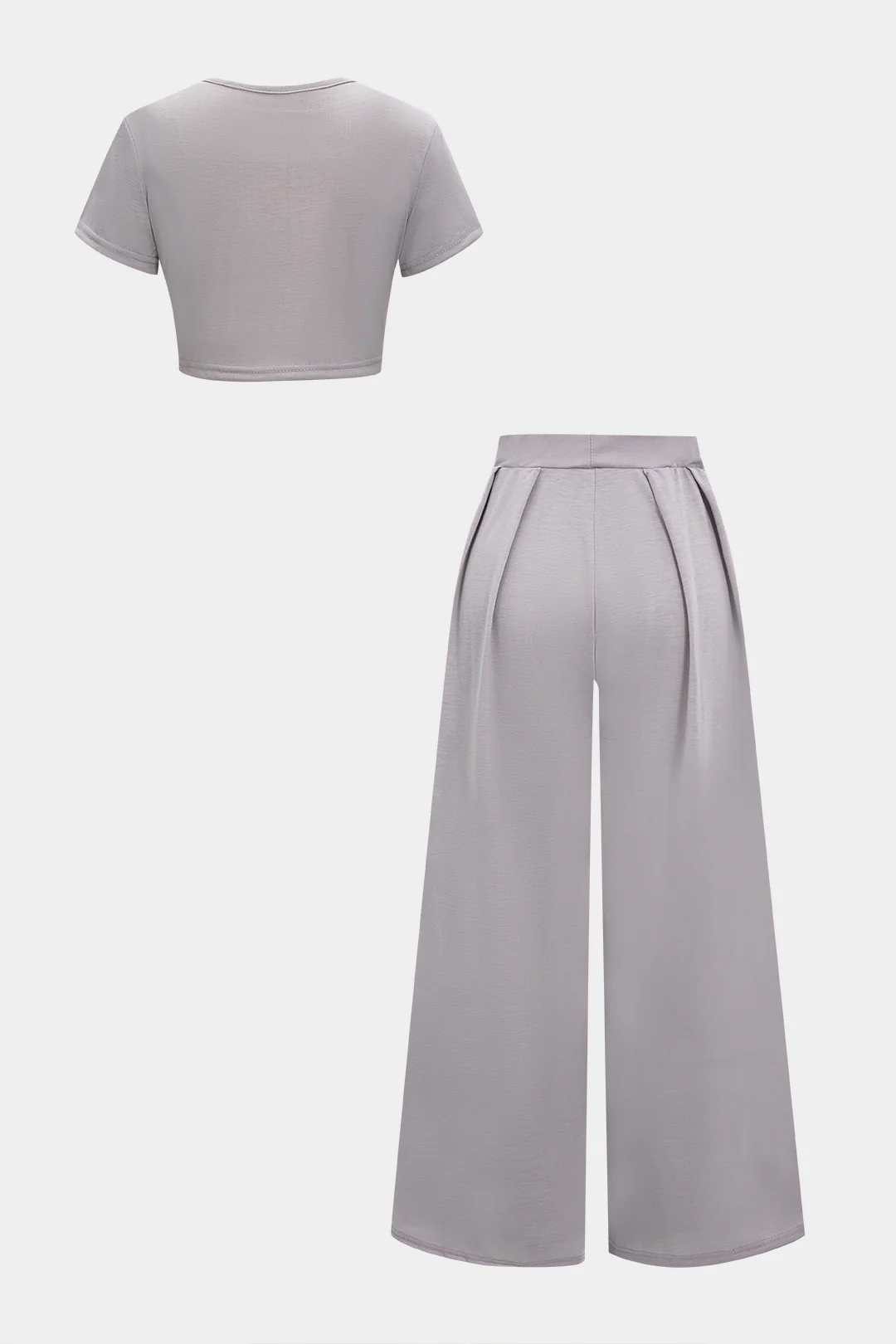 Solid Round Neck Cropped Top And Wide Leg Pants Set - Weenar