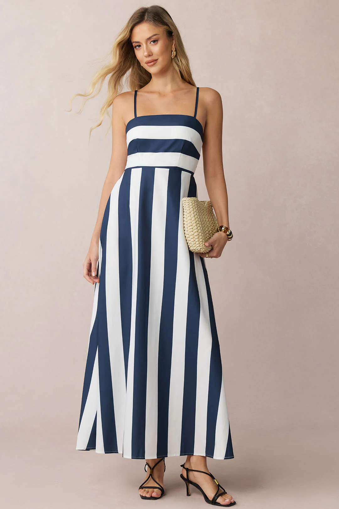 Stripes Print Smocked Backless Sleeveless Maxi Dress - Weenar