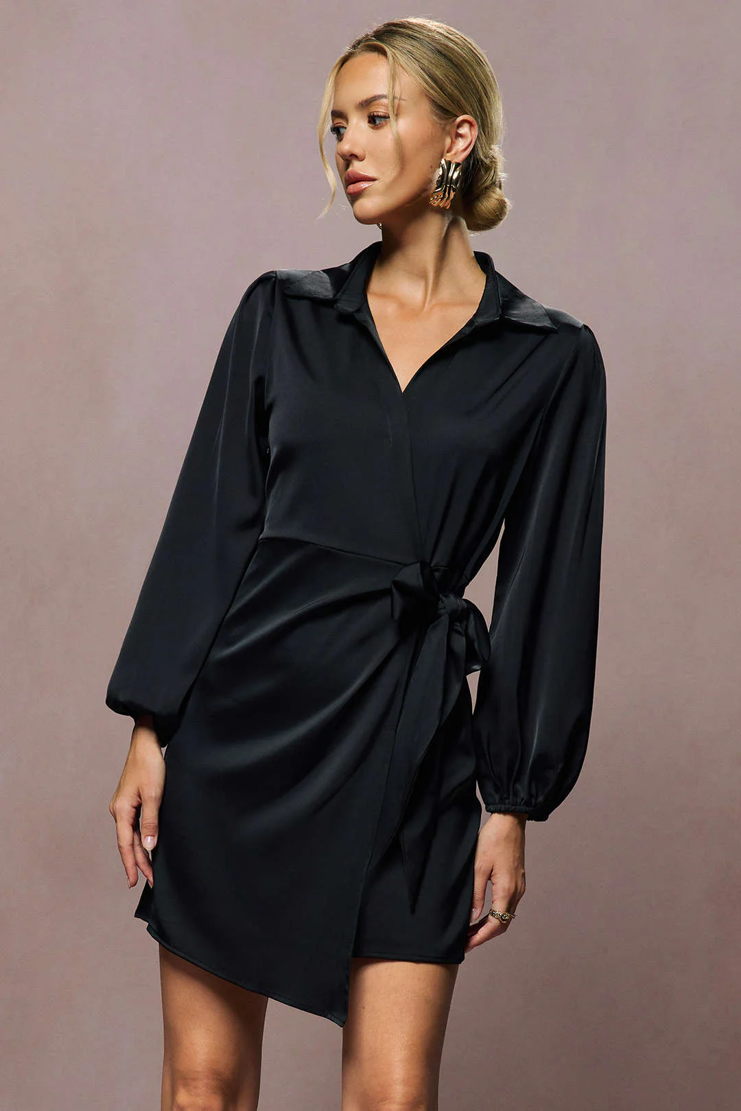 Satin Tie Front V-Neck Long Sleeve Mini Dress - Weenar