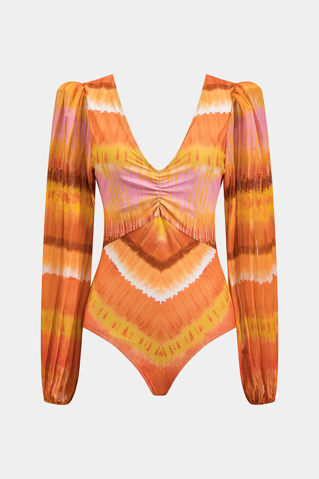 Ombre Print Chiffon Ruched Backless V-Neck One-Piece Swimsuit - Weenar