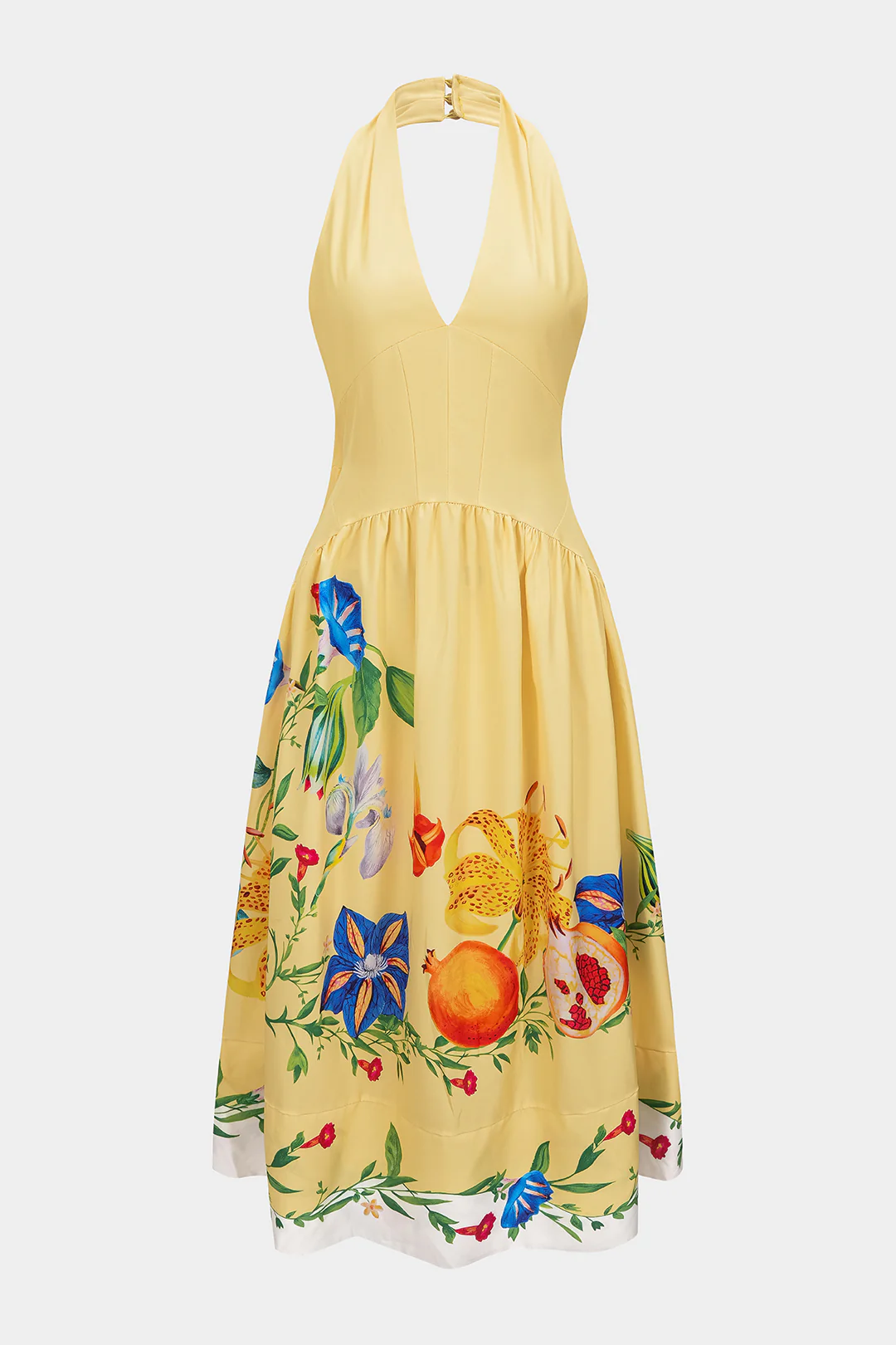 Floral Print Linen Patchwork Halter V-Neck Backless Sleeveless Maxi Dress - Weenar