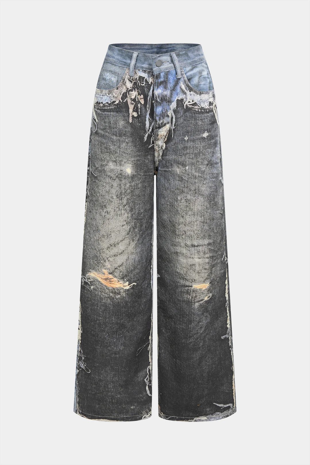 Denim Artistic Print Wide Leg Pants - Weenar