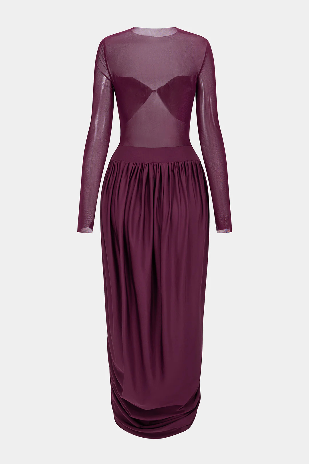 Mesh Patchwork Round Neck Ruched Long Sleeve Midi Dress - Weenar