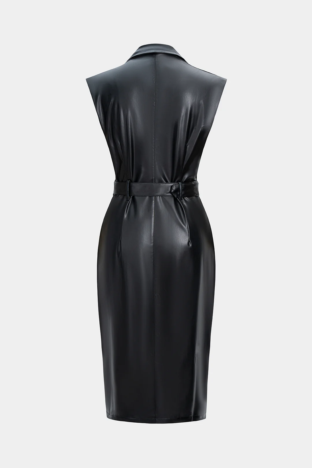 Faux Leather Button Belted Sleeveless Midi Dress - Weenar