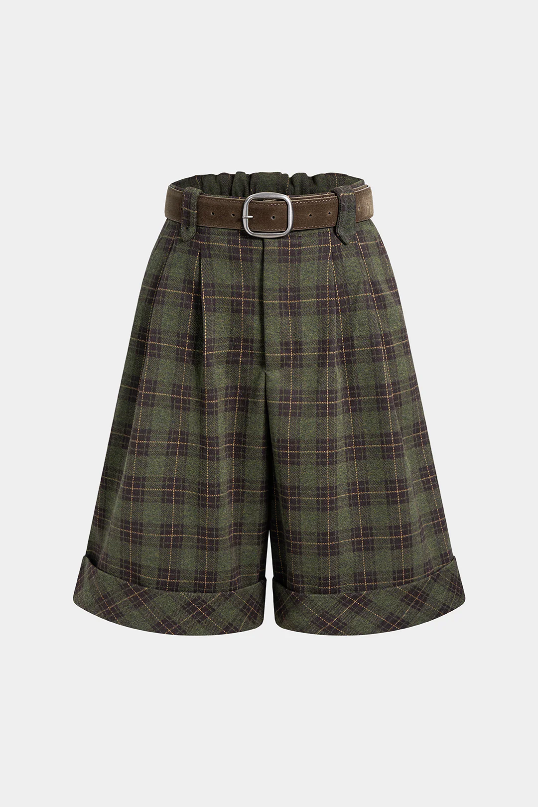 Plaid Print Belted Cuffed Shorts - Weenar