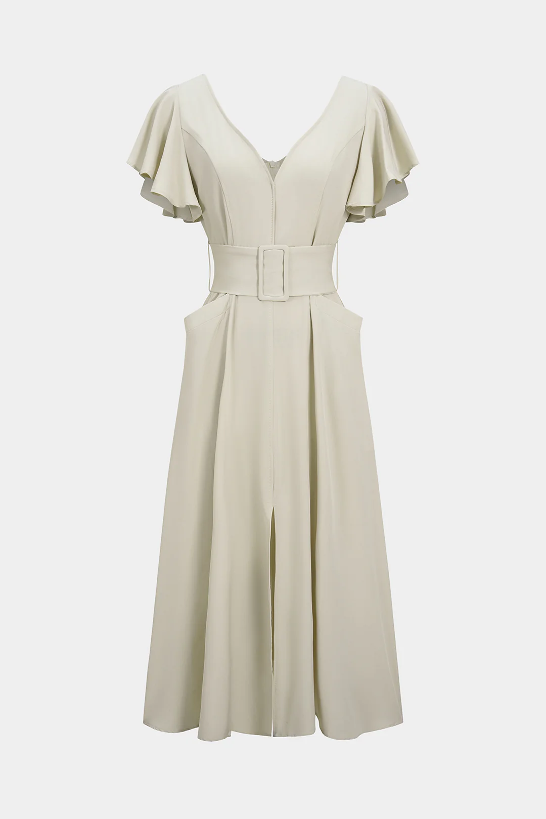 V-Neck Belted Pocket Ruffle Sleeve Slit Maxi Dress - Weenar
