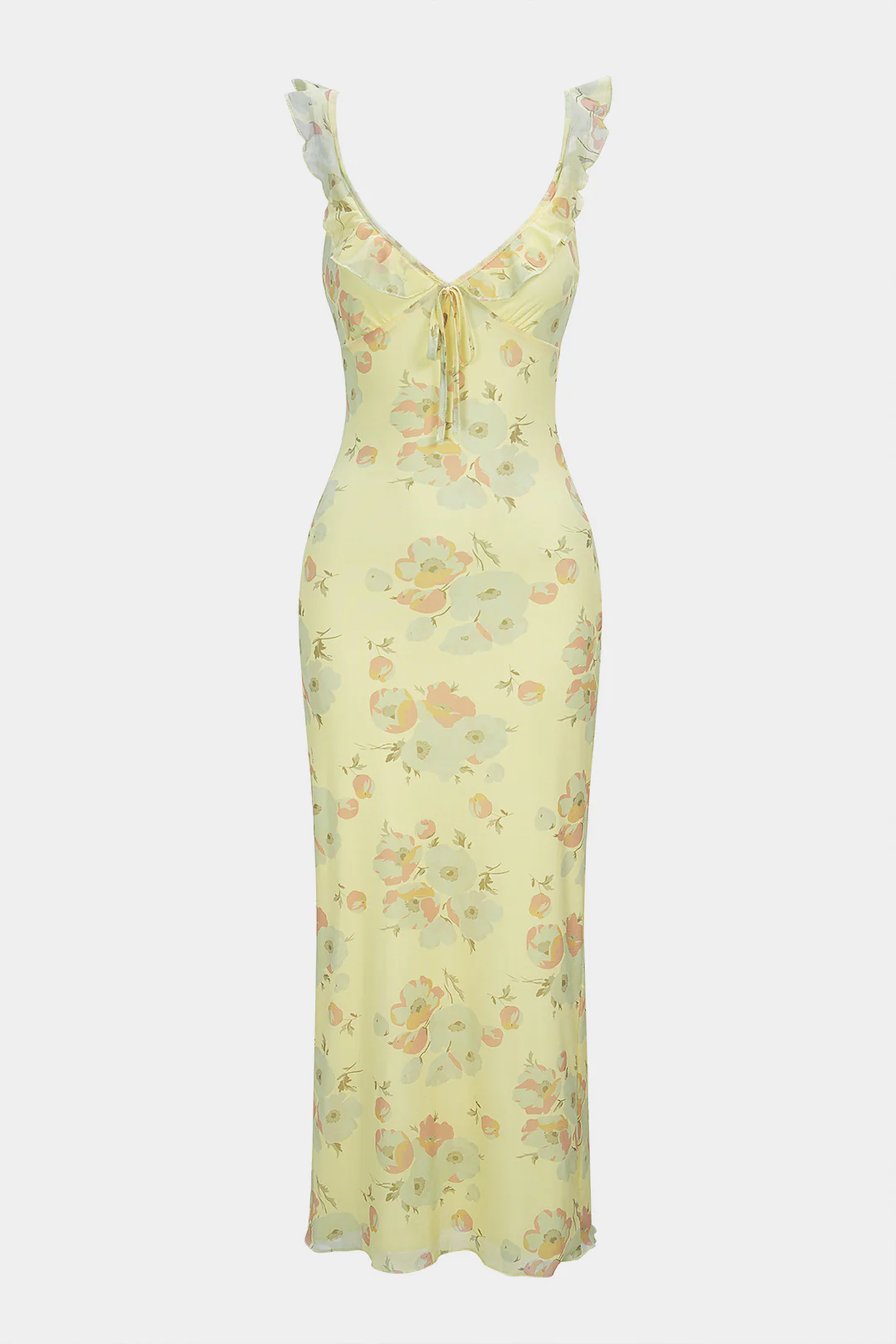 Floral Print V-Neck Tie-Up Ruffle Sleeveless Maxi Dress - Weenar
