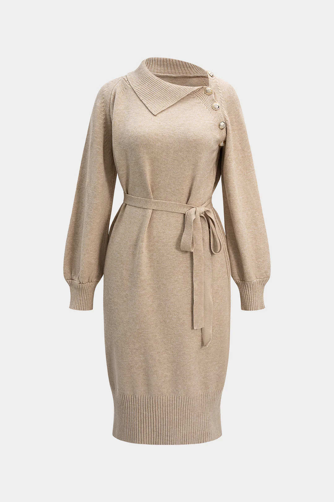 Knit Asymmetrical Button Tie-Up Long Sleeve Dress - Weenar