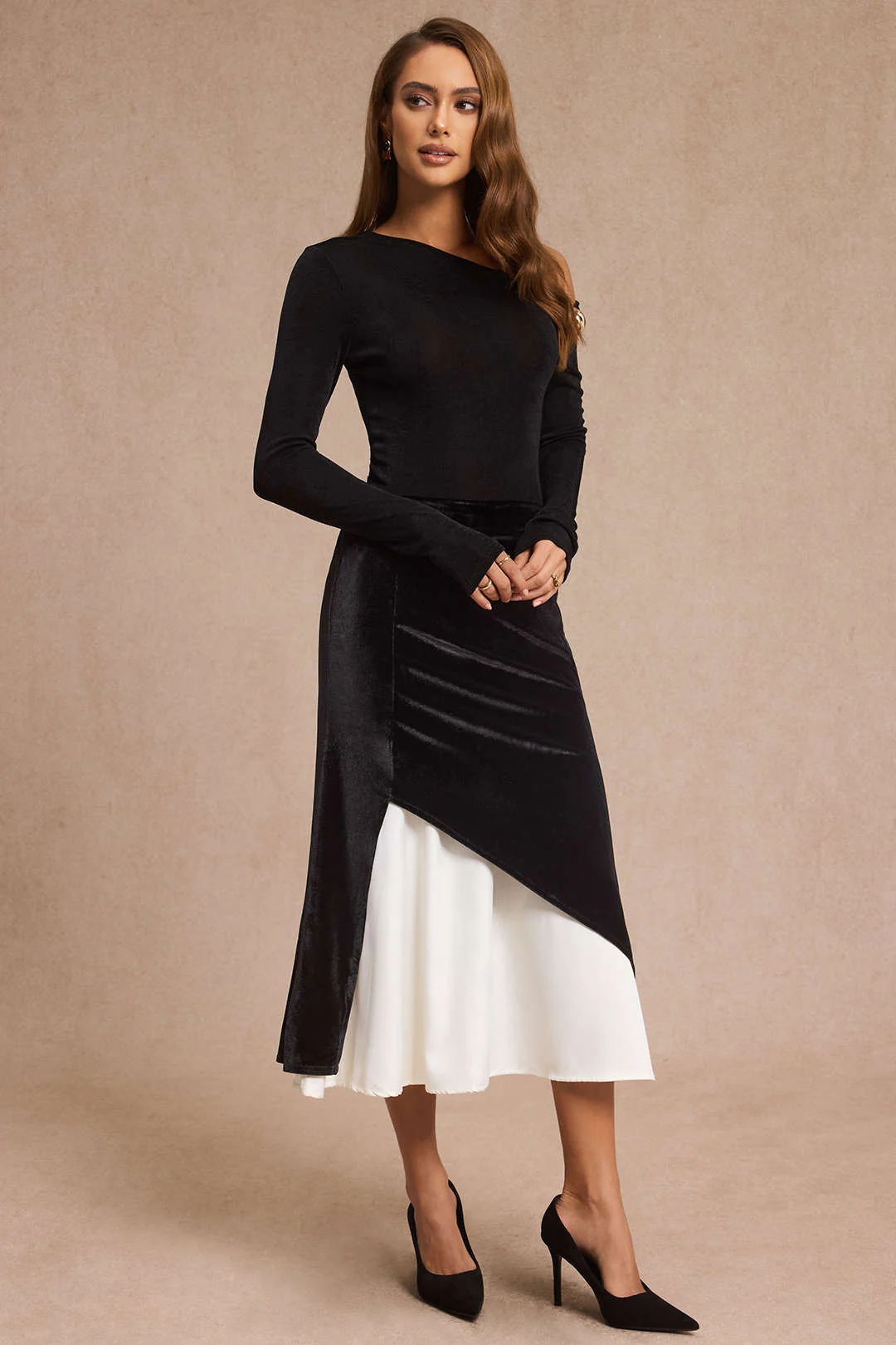 Velvet Patchwork Asymmetrical High Waist Skirt - Weenar