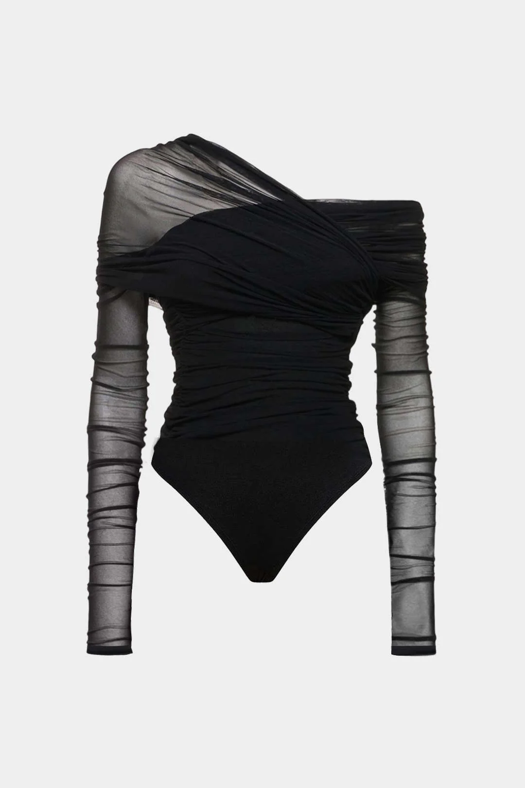 Mesh Ruched One Shoulder Asymmetrical Corssed Ruched Bodysuit - Weenar