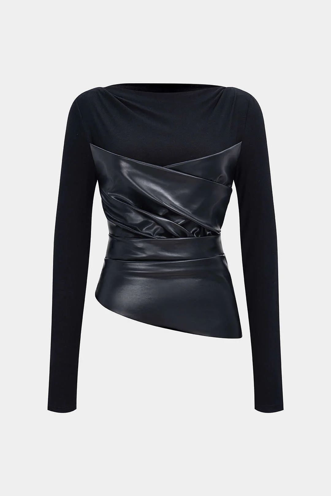 Faux Leather Patchwork Ruched Long-Sleeve Top - Weenar