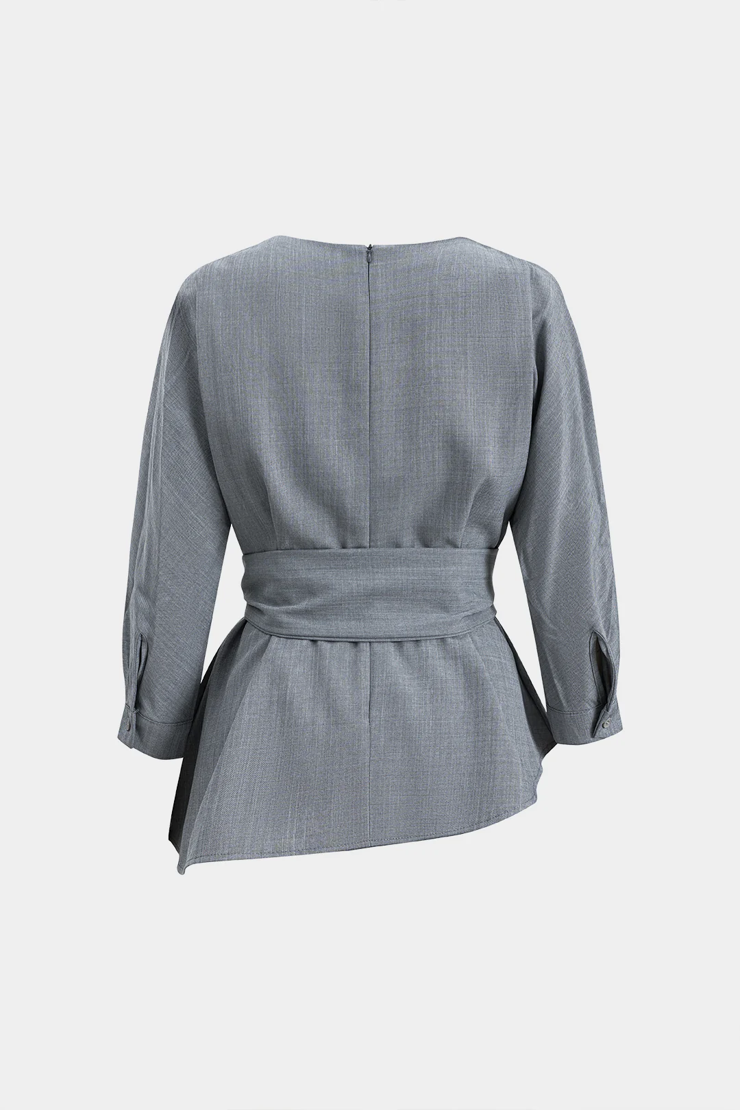 Round Neck Ruched Belted Long-Sleeve Shirt - Weenar