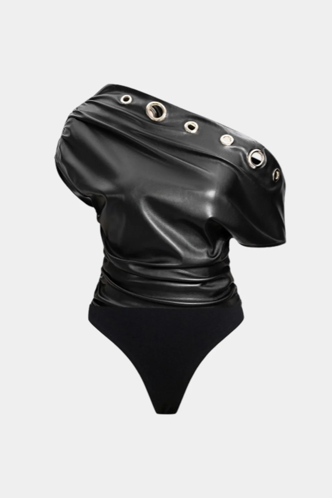 Faux Leather Patchwork Eyelet Decor Asymmetrical One Shoulder Bodysuit - Weenar