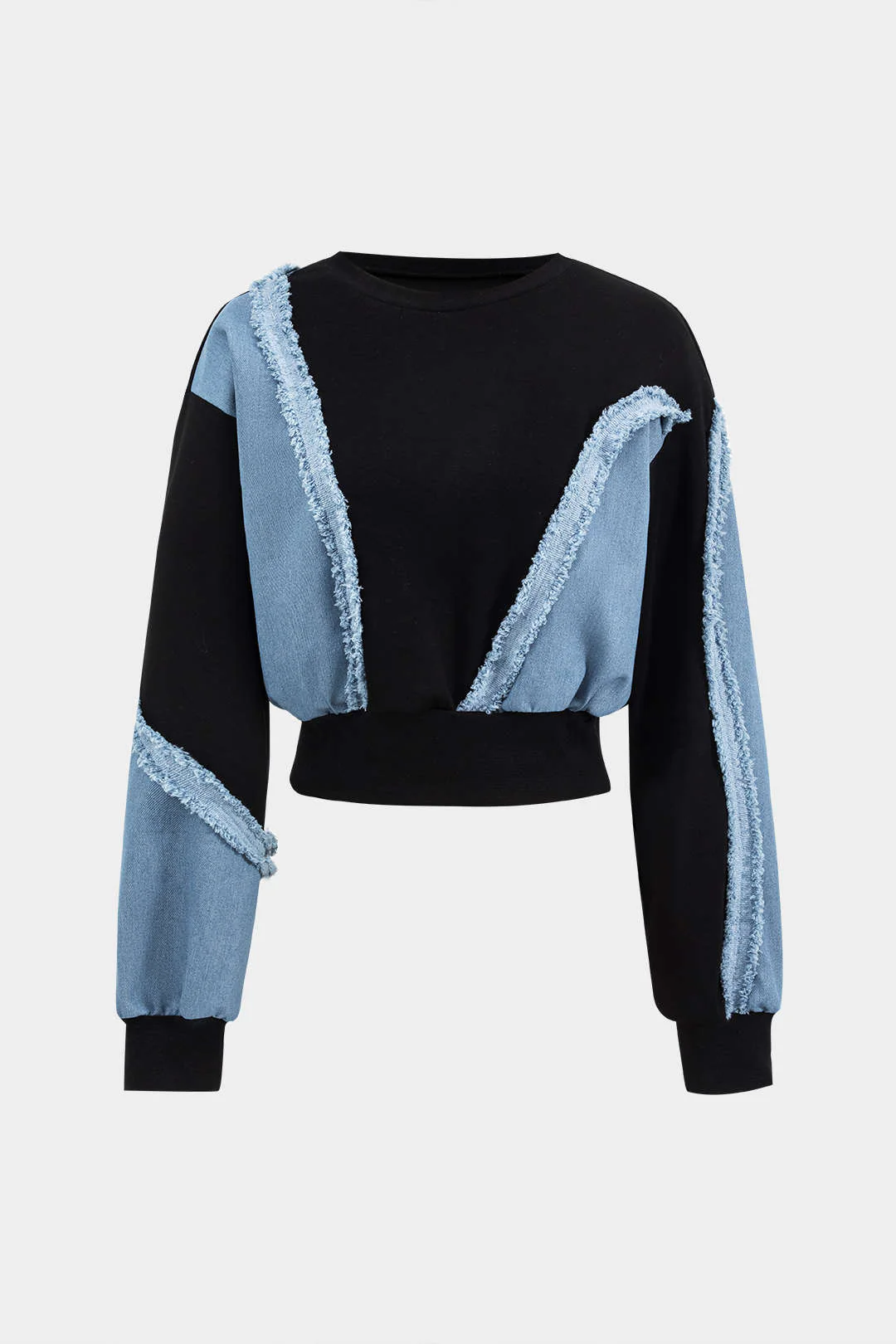 Denim Patchwork Long Sleeve Top And Wide Leg Trousers Set - Weenar
