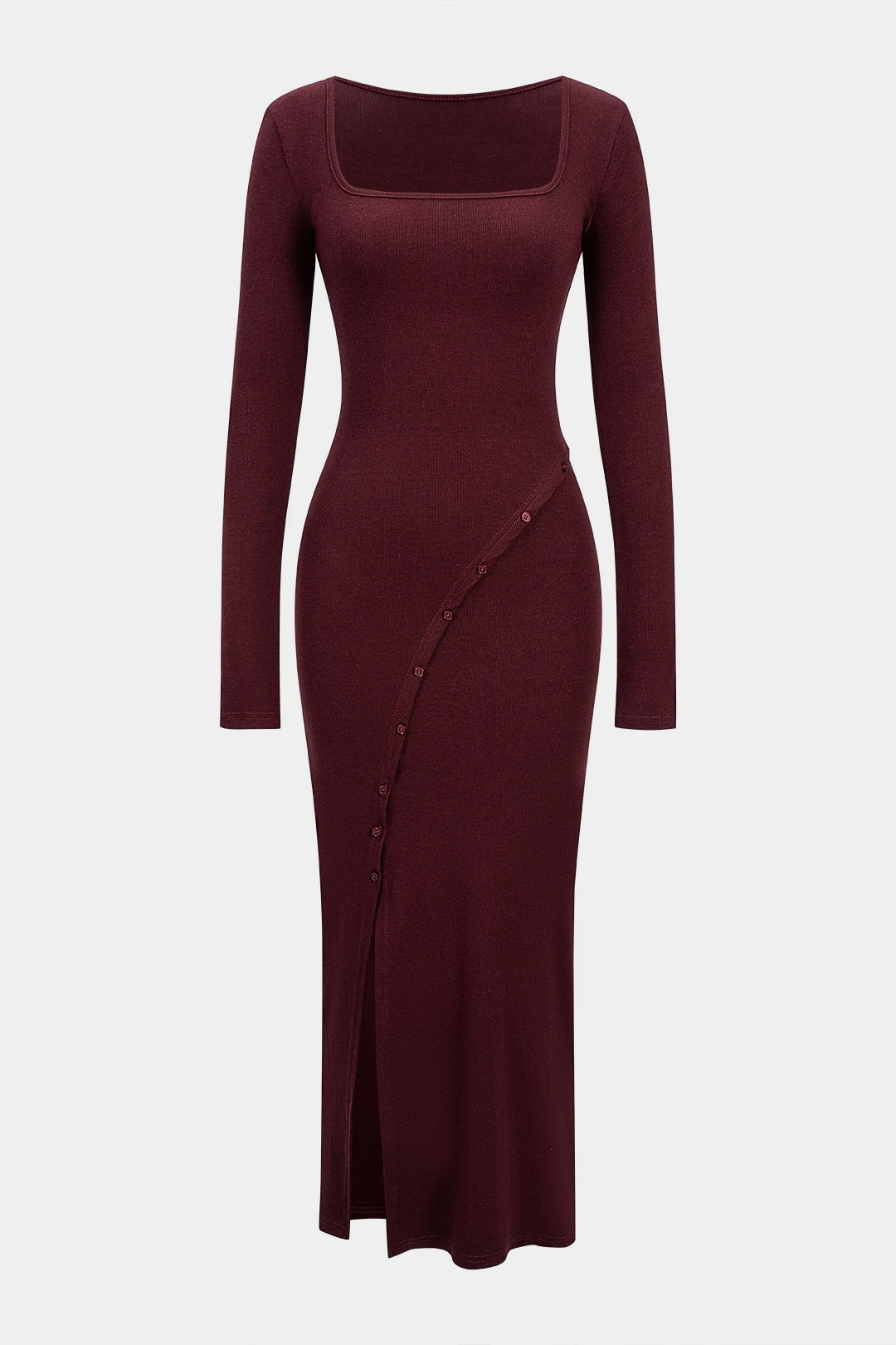 Asymmetrical Button Split Square Neck Long Sleeve Maxi Dress - Weenar