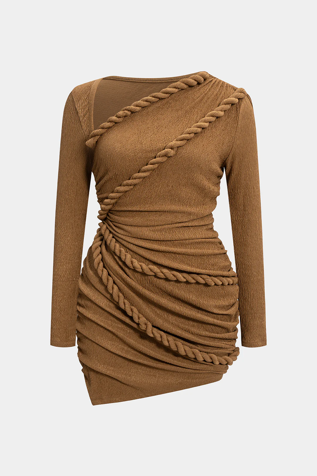 Plus Size Twist Knot Ruched Asymmetrical Long Sleeve Mini Dress - Weenar