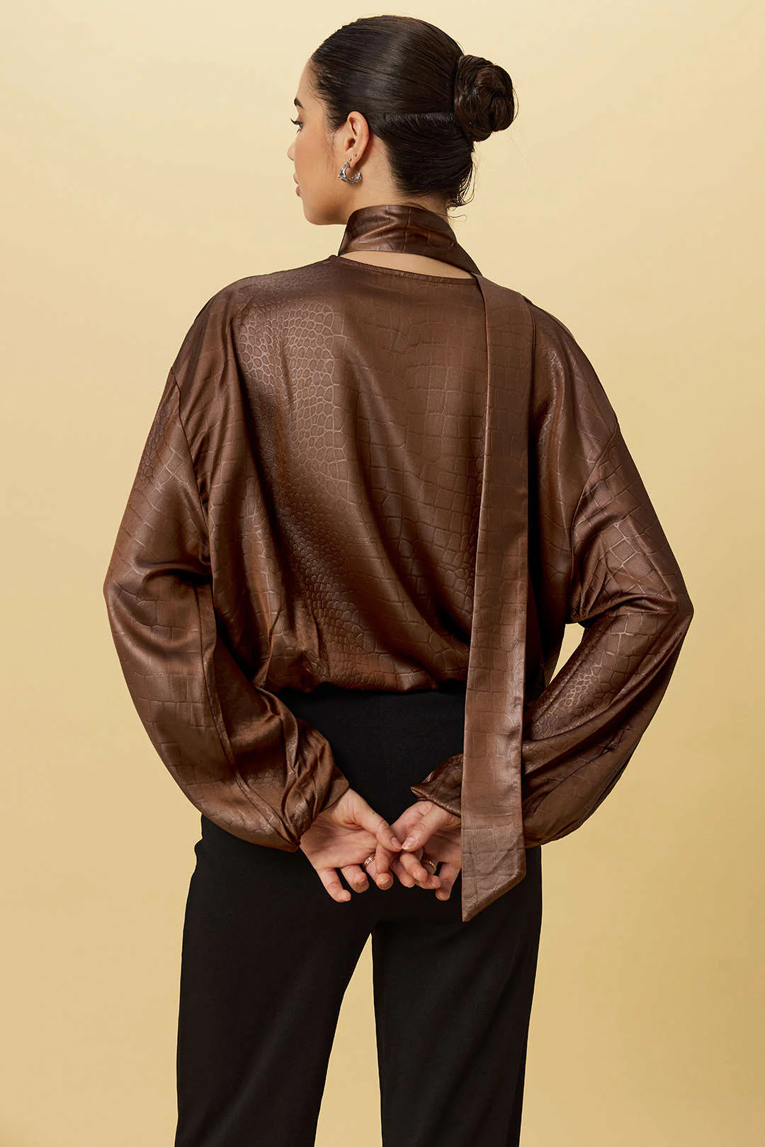 Satin Texture Ruched Long-Sleeve Top With Scarf - Weenar
