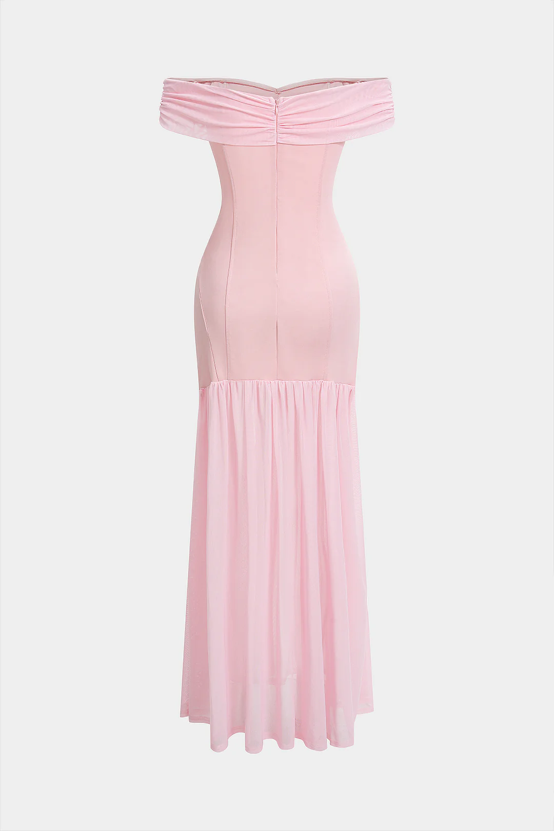 Ruched Metallic Decor Patchwork Off Shoulder Strapless Maxi Dress - Weenar