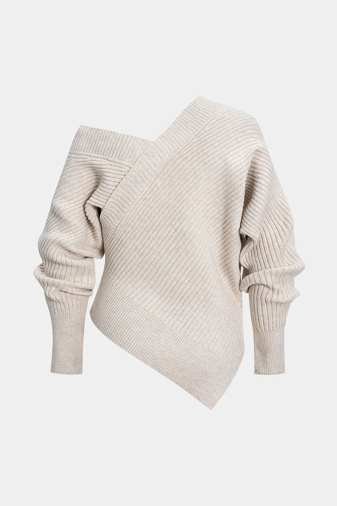 Plus Size Knit V-Neck Asymmetrical Long-Sleeve Top - Weenar