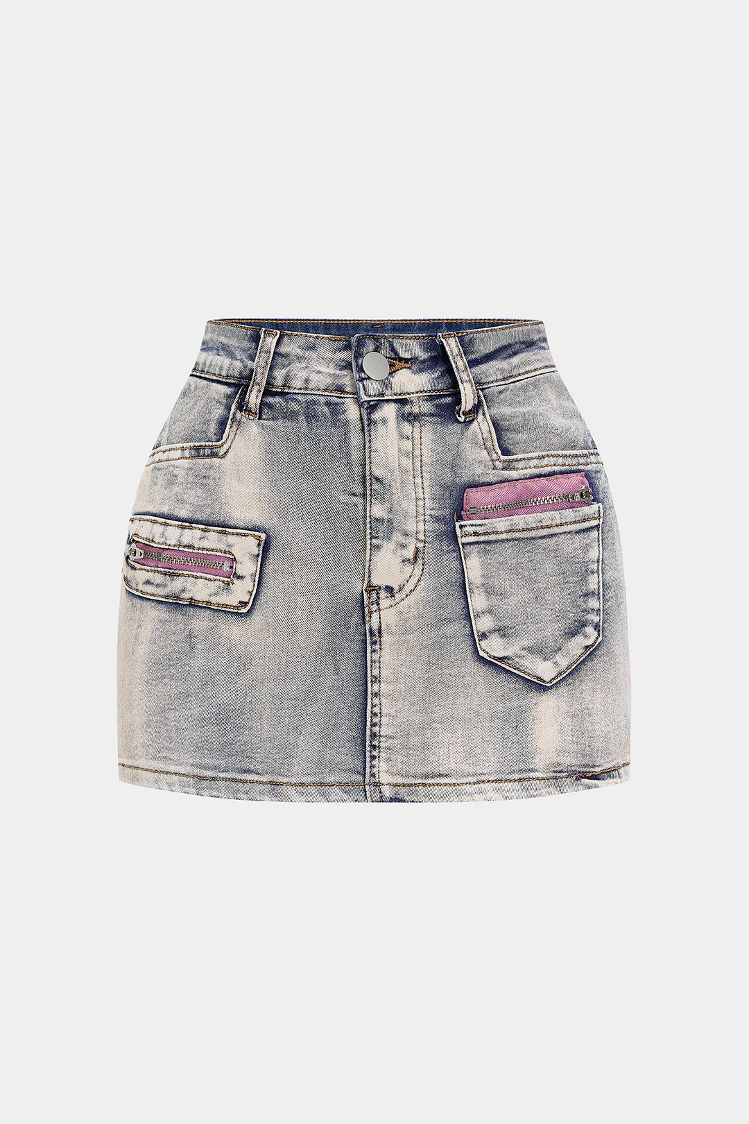 Denim Zipper Patchwork Washed Skirt - Weenar