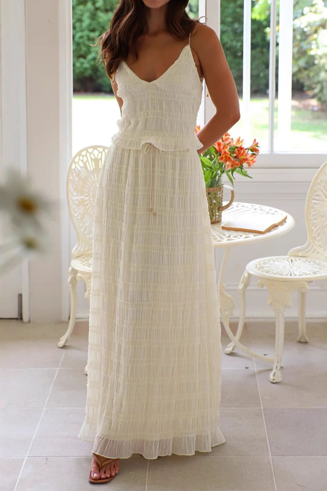 Chiffon Lace Trim Ruched Cami Top And Drawstring Long Skirt Set - Weenar