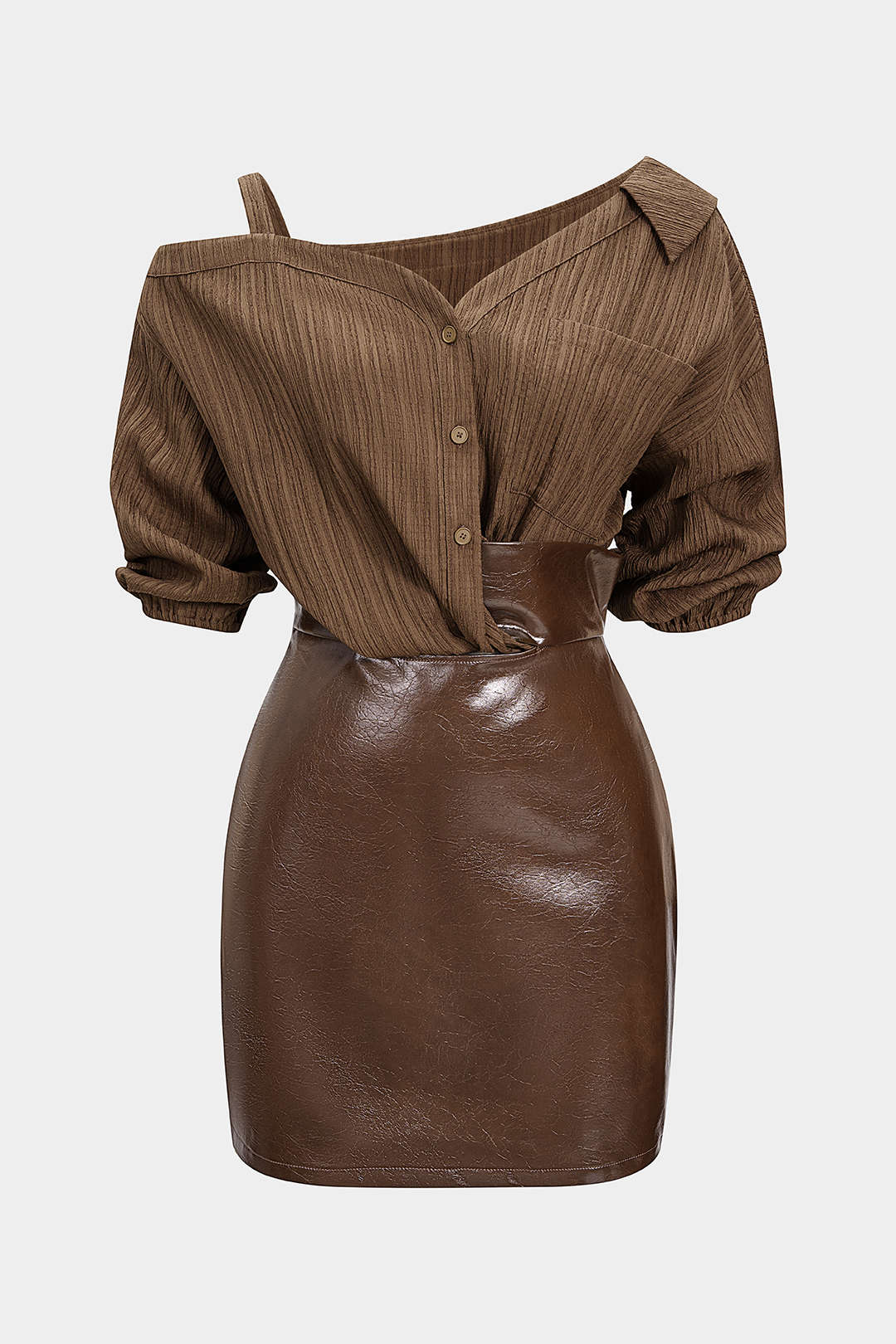 Faux Leather Patchwork Asymmetrical Short Sleeve Mini Dress - Weenar