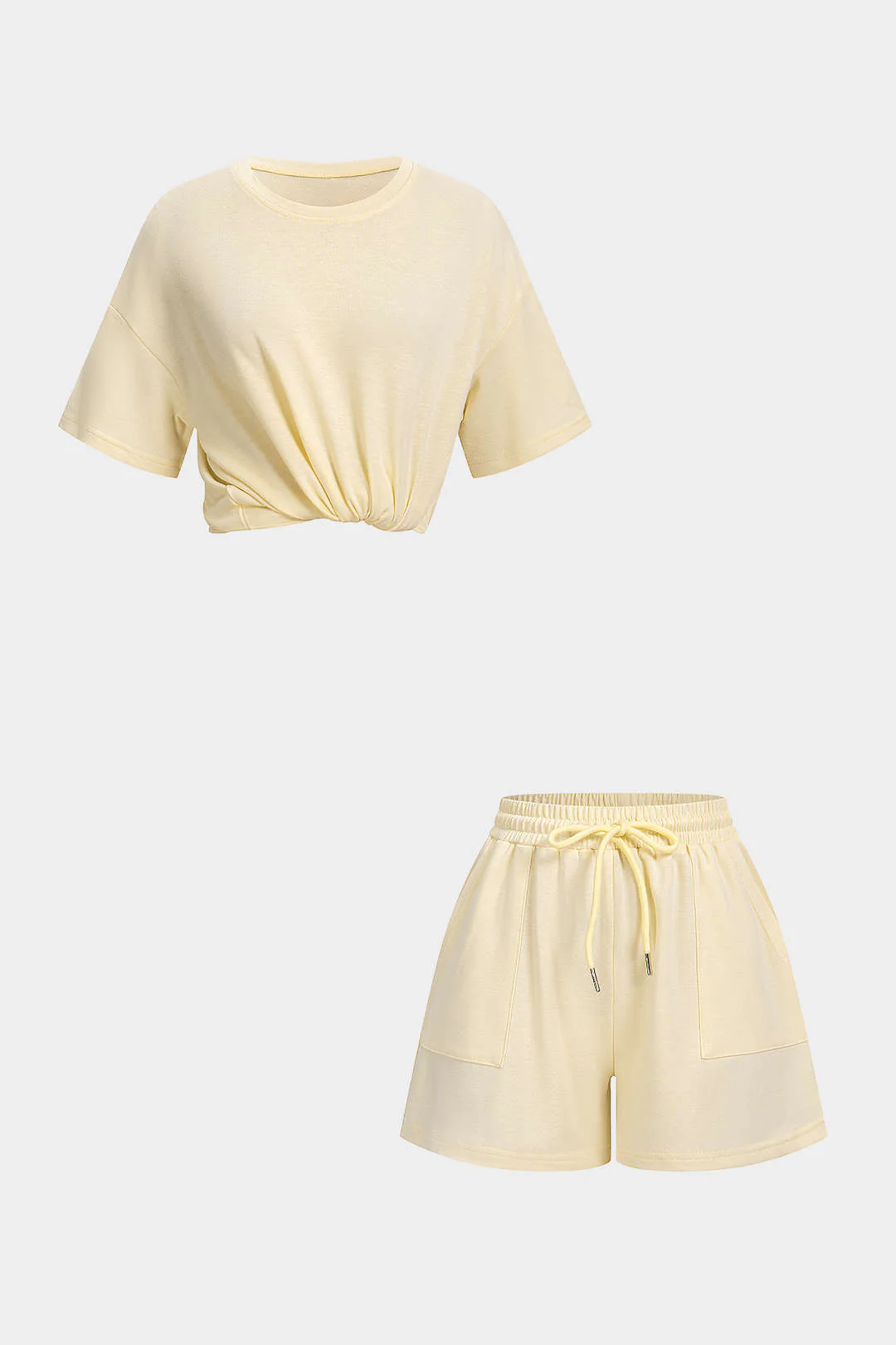 Solid Round Neck Top And Drawstring Shorts Set - Weenar