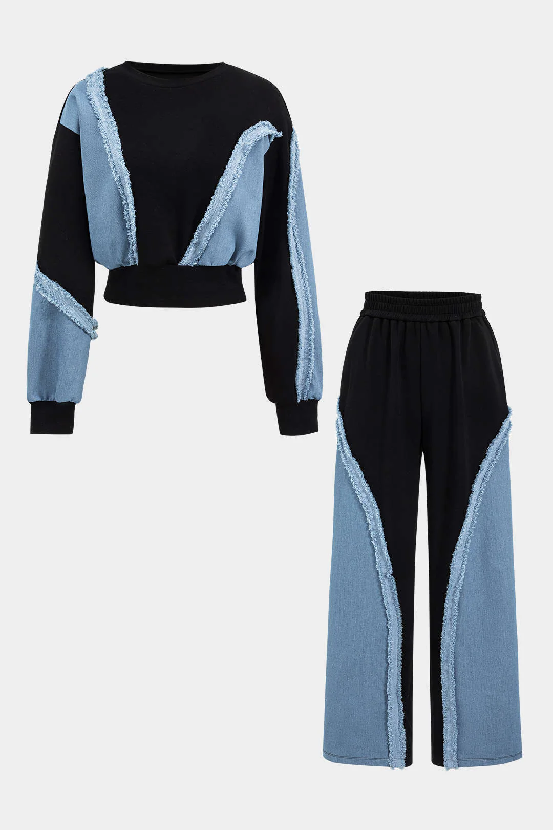 Denim Patchwork Long Sleeve Top And Wide Leg Trousers Set - Weenar