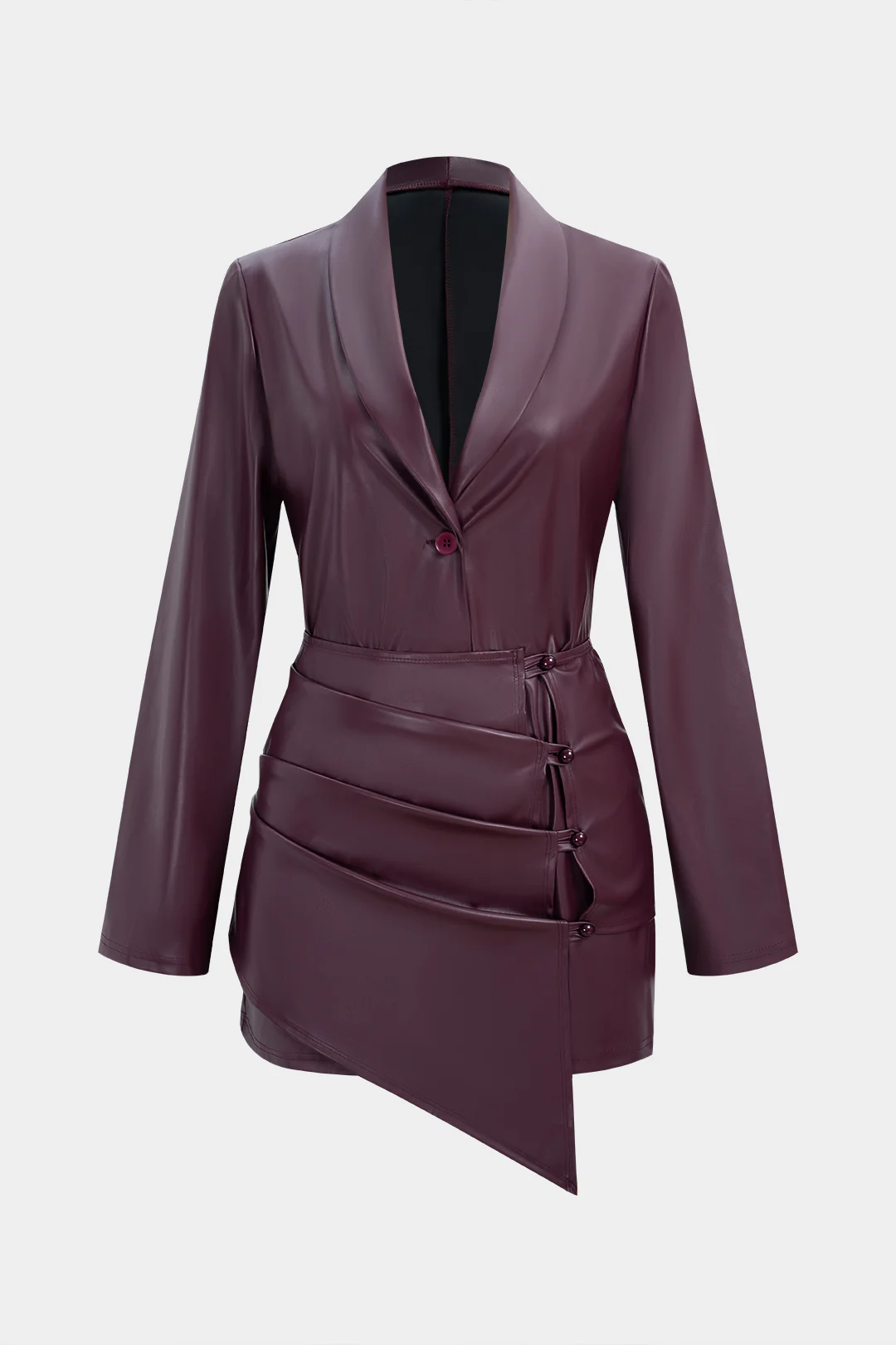 Faux Leather V-Neck Button Long-Sleeve Dress And Irregular Draping Mini Skirt Set - Weenar