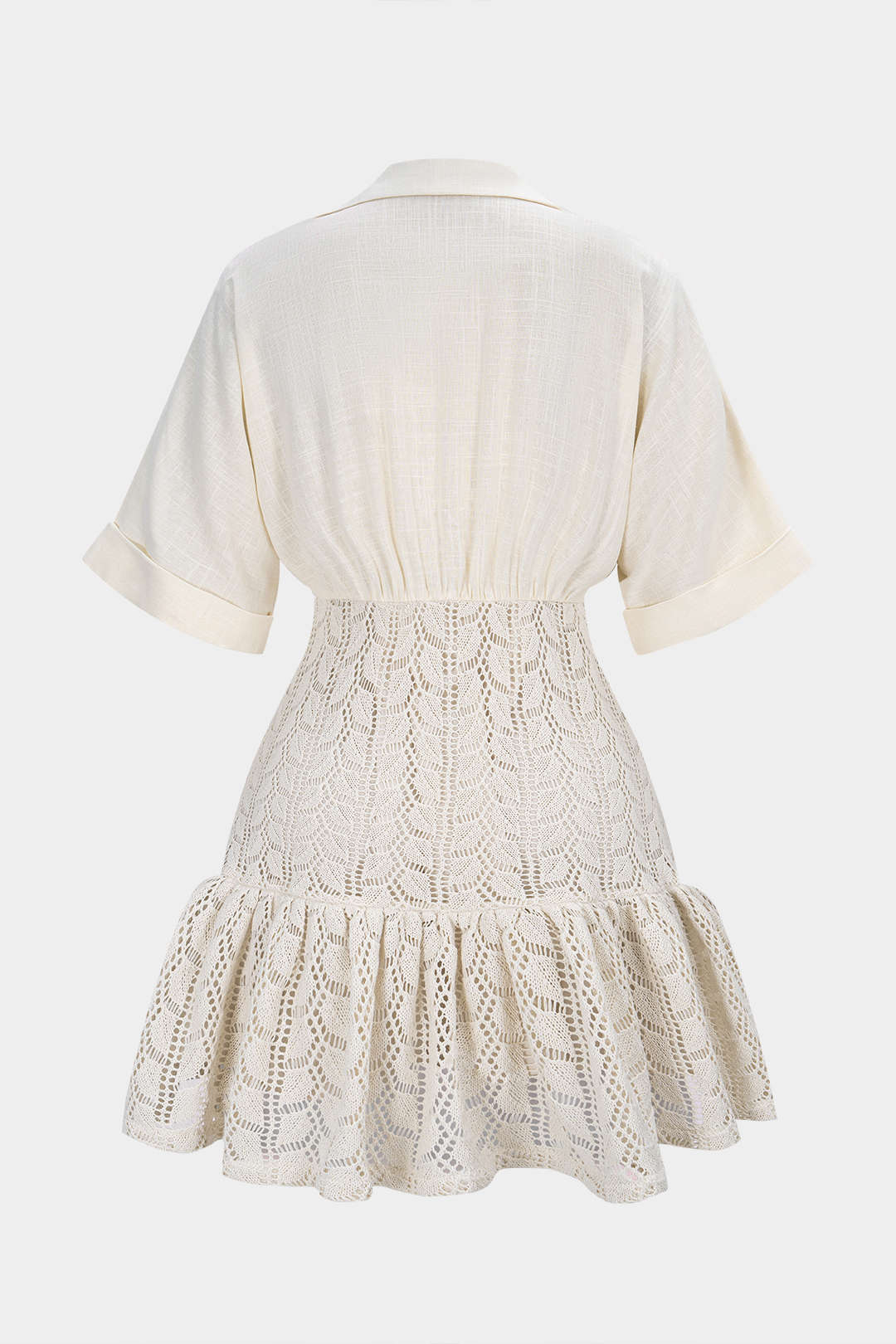 Jacquard Patchwork linen Ruched V-Neck Short Sleeve Mini Dress - Weenar