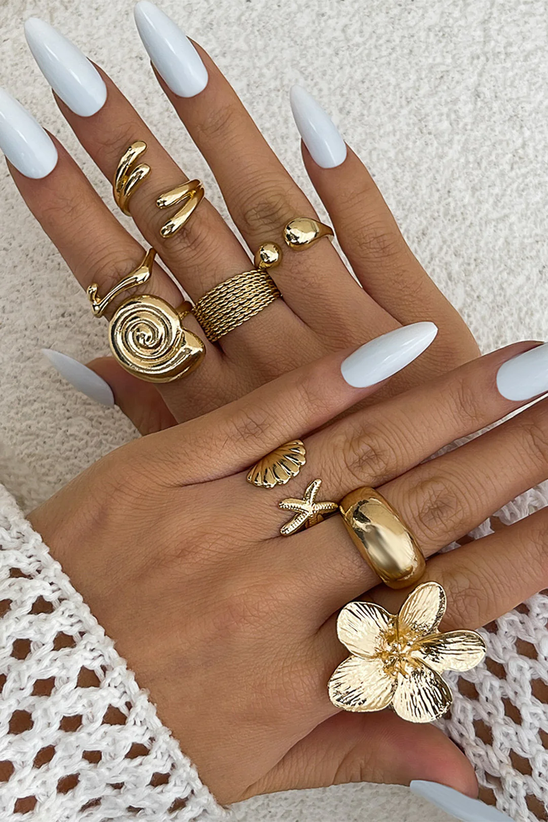 Shell Starfish Flower Irregular Metallic Open Ring Set - Weenar