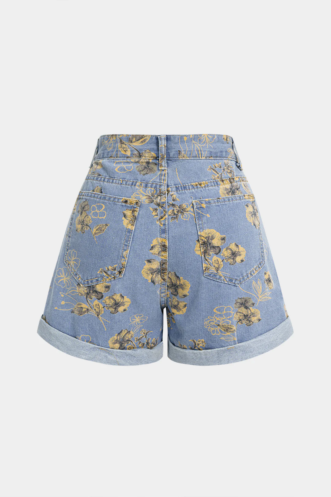 Denim Floral Print High Waist Shorts - Weenar