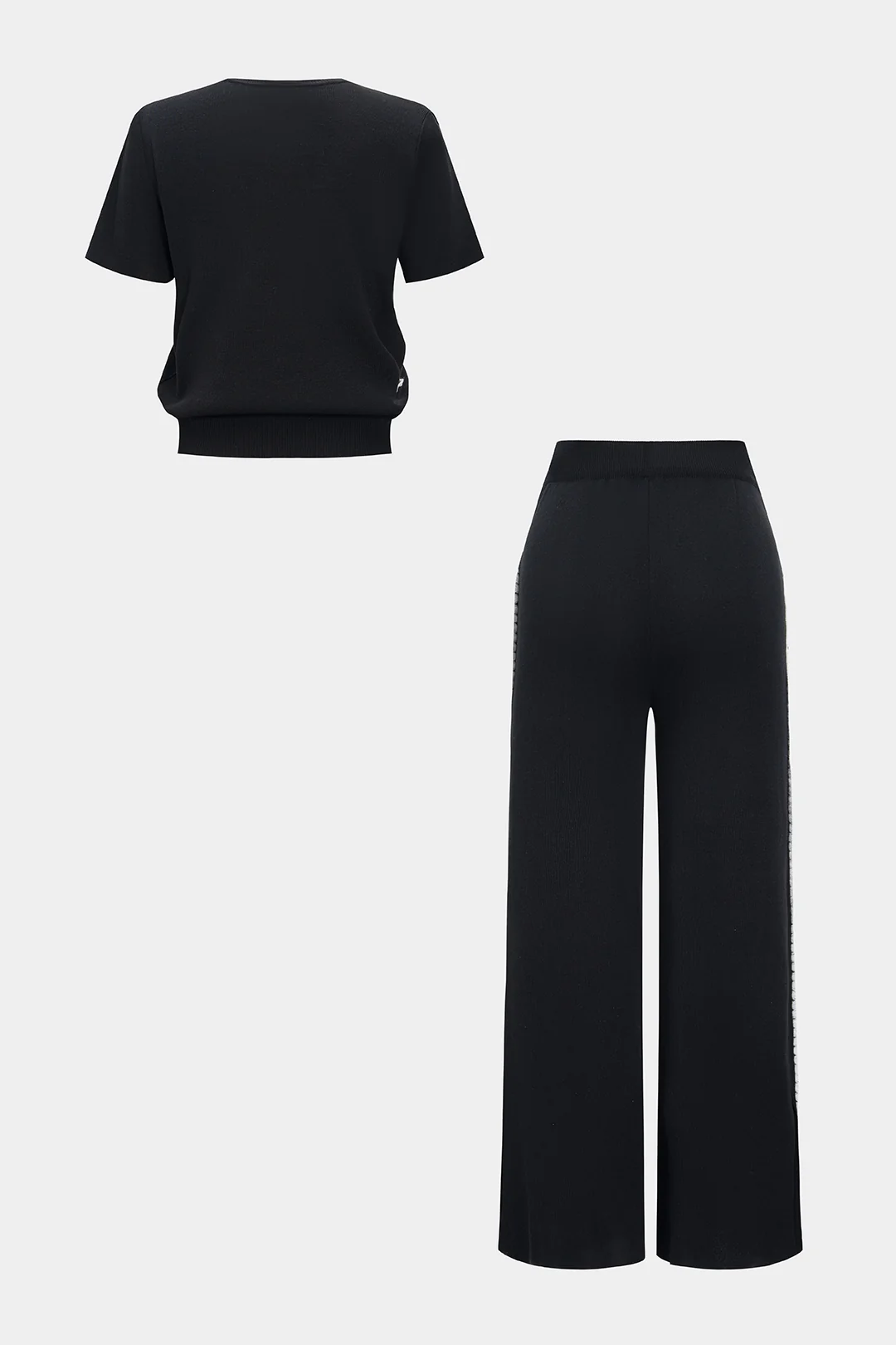 Knit Contrast Cut Out Short-Sleeve Top And Tie-Up Wide Leg Trousers Set - Weenar