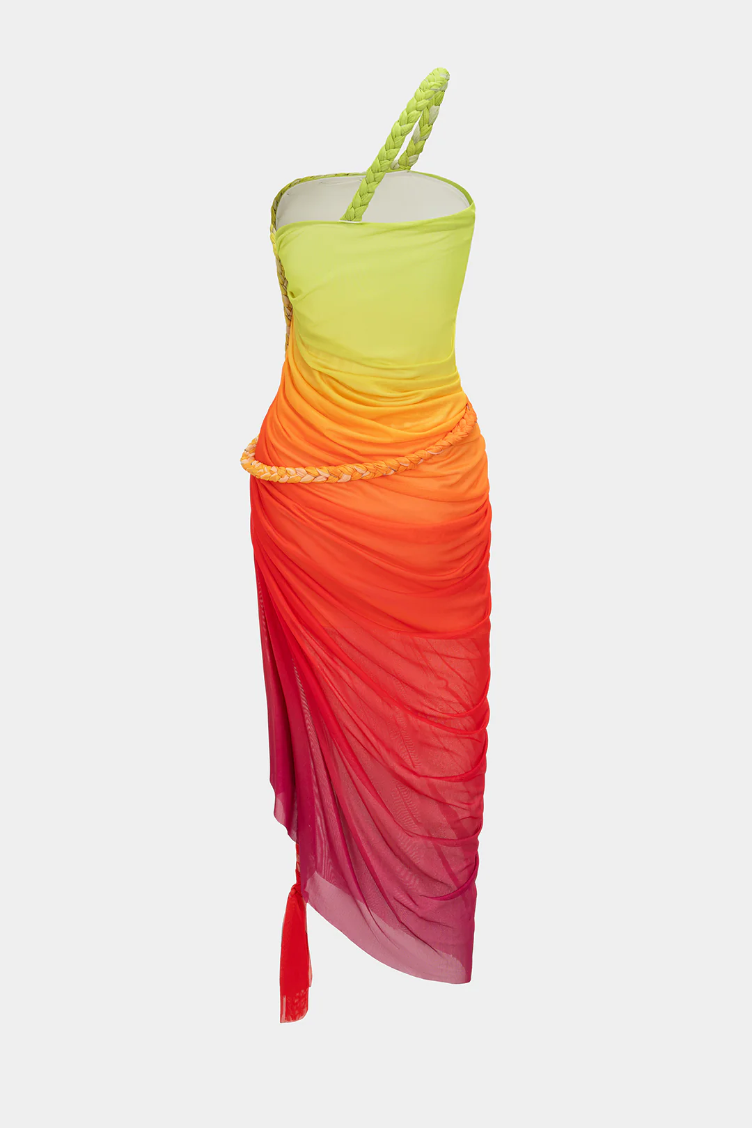 Ombre Print Mesh Braided Slit Sleeveless Midi Dress - Weenar