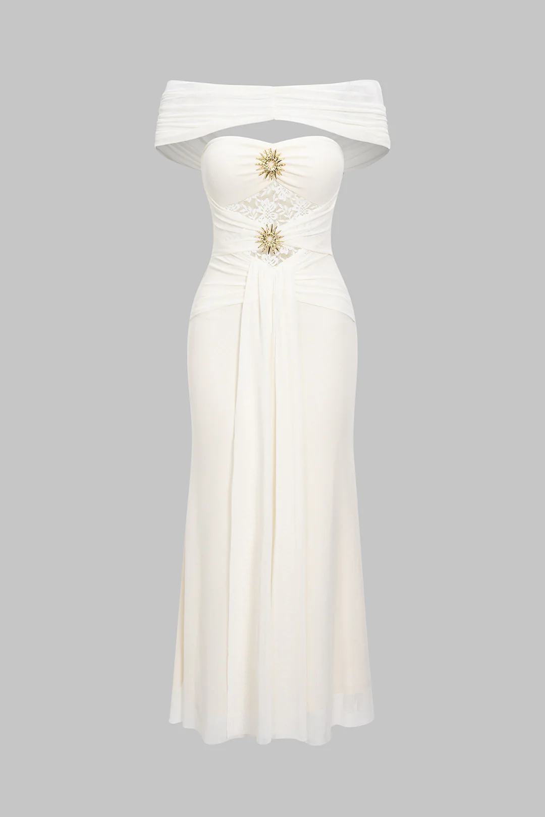 Off Shoulder Mesh Patchwork Metallic Decor Knotted Maxi Dress - Weenar