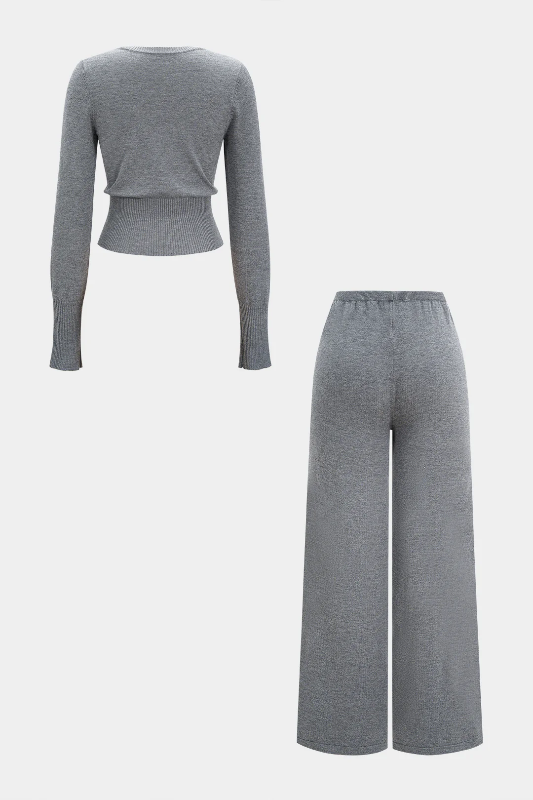 Knit Round Neck Button Cardigan And Tie-Up Wide Leg Pants Set - Weenar