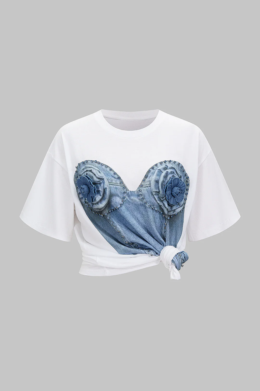 Denim Print 3D Flower Rhinestone Decor Round Neck Short Sleeve T-Shirt - Weenar