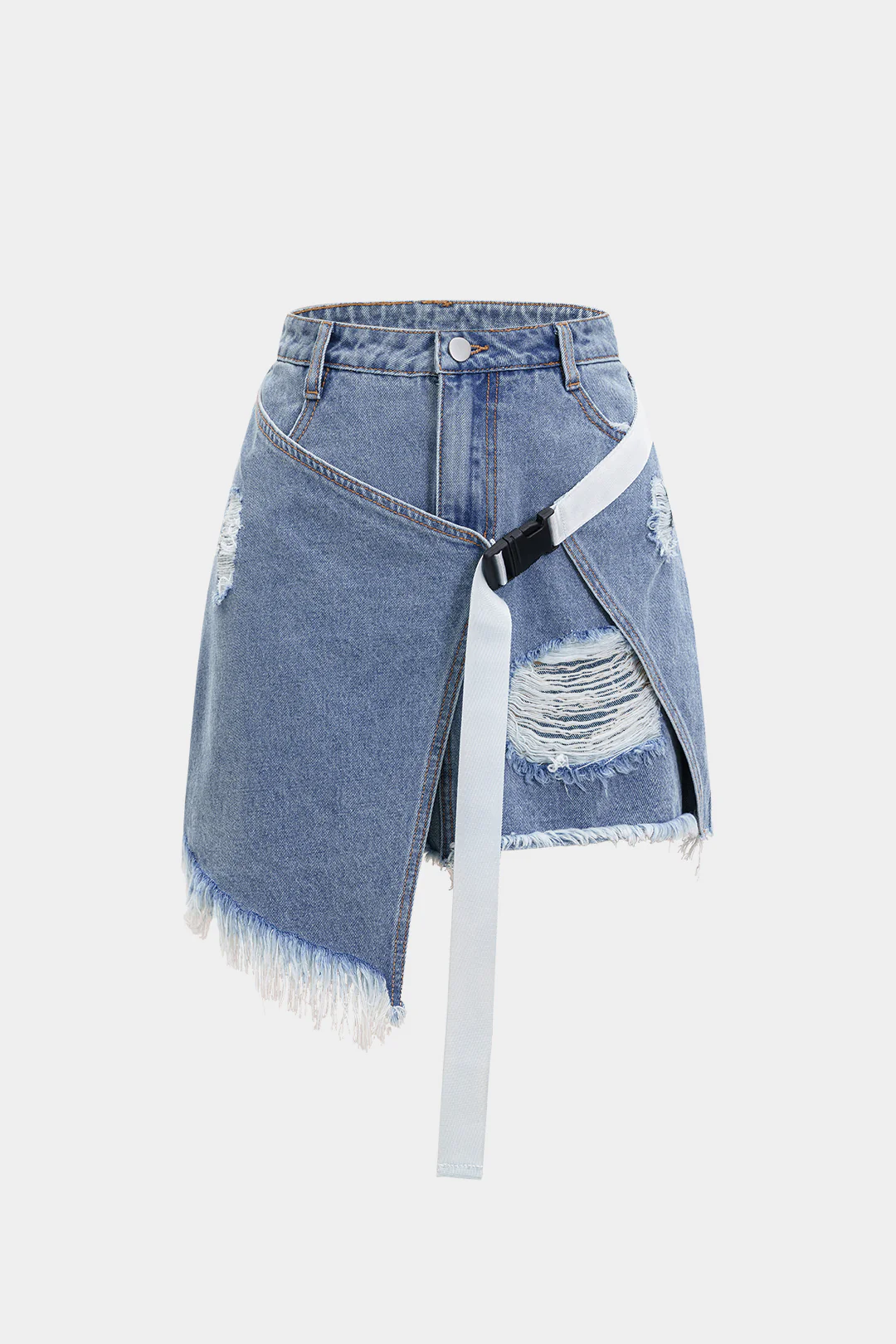 Denim Asymmetrical Ripped Frayed Skirt - Weenar