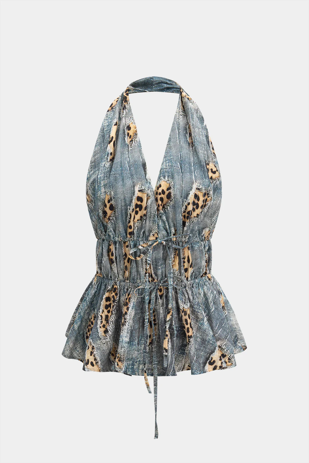 Retro Leopard Print Backless Tie-Up Ruched Drawstring Cami Top - Weenar