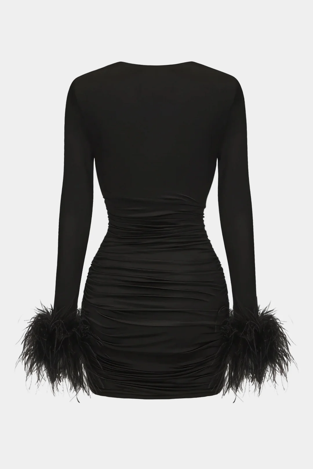 Ruched Feather Trim V-Neck Asymmetrical Long Sleeve Mini Dress - Weenar