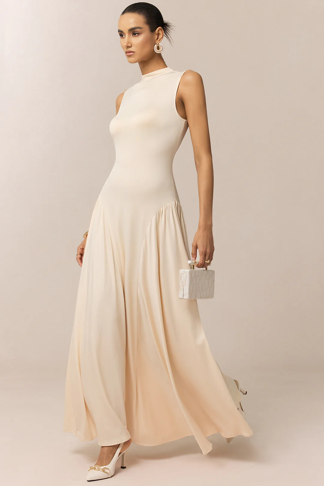 Mock Neck Ruched Sleeveless Maxi Dress - Weenar