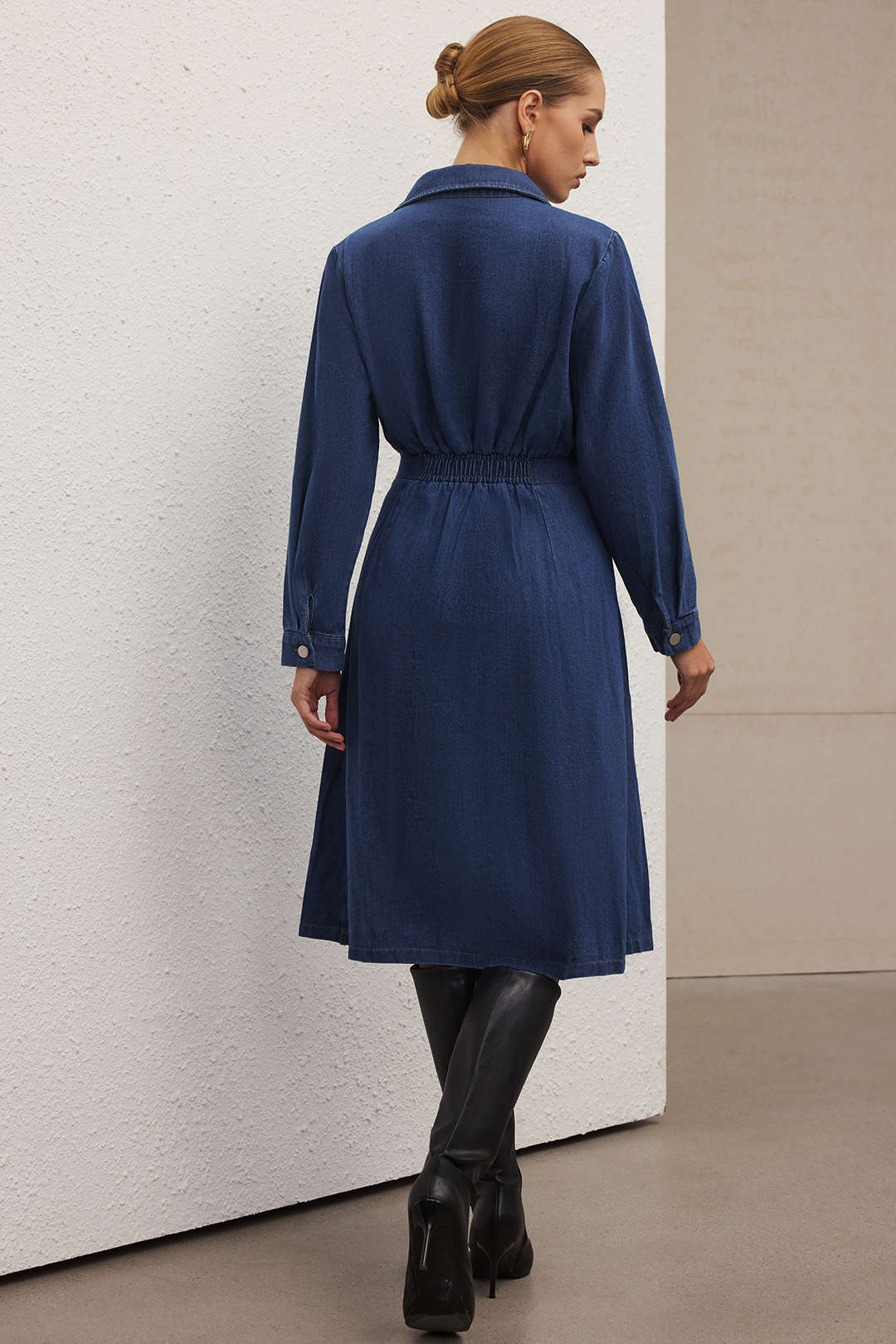 Denim Button Belted Long Sleeve Dress - Weenar