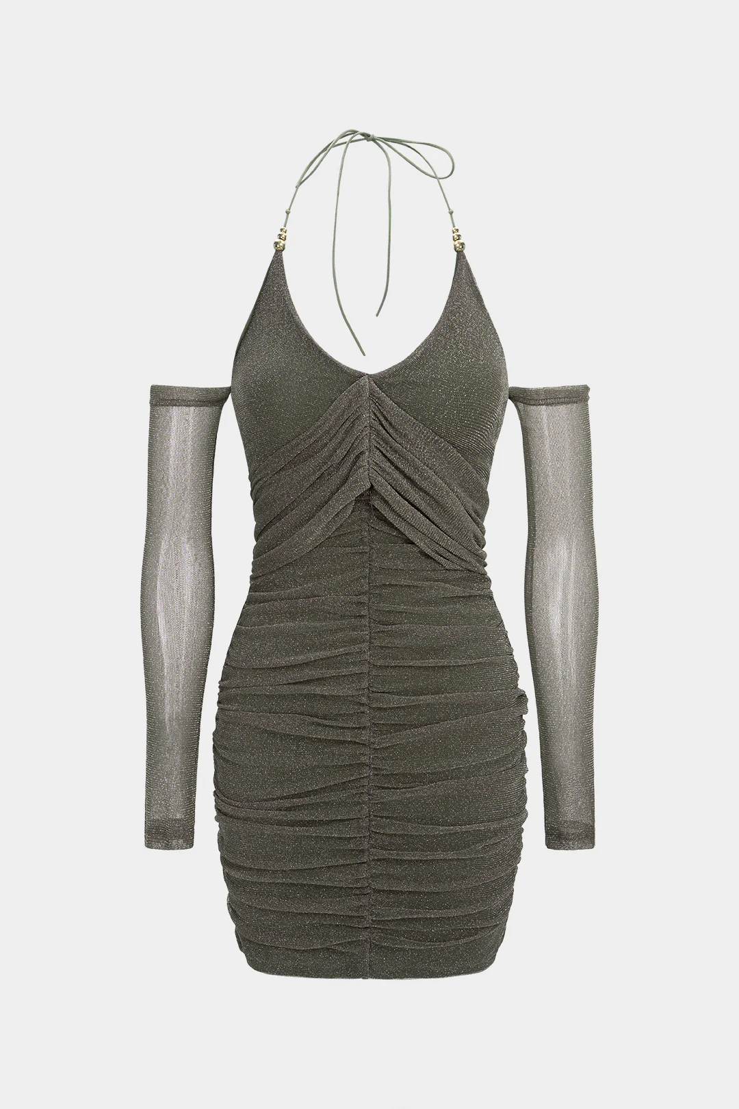 Mesh Halter Neck Ruched Tie Up Backless Long Sleeve Mini Dress - Weenar